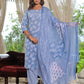 Juniper Women's Sky Blue Ethnic Motif Printed Cotton Kurta, Pant And Dupatta Set With Buttons & Lace - Swadesiicart