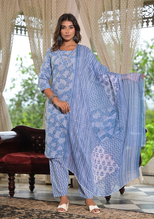 Juniper Women's Sky Blue Ethnic Motif Printed Cotton Kurta, Pant And Dupatta Set With Buttons & Lace - Swadesiicart