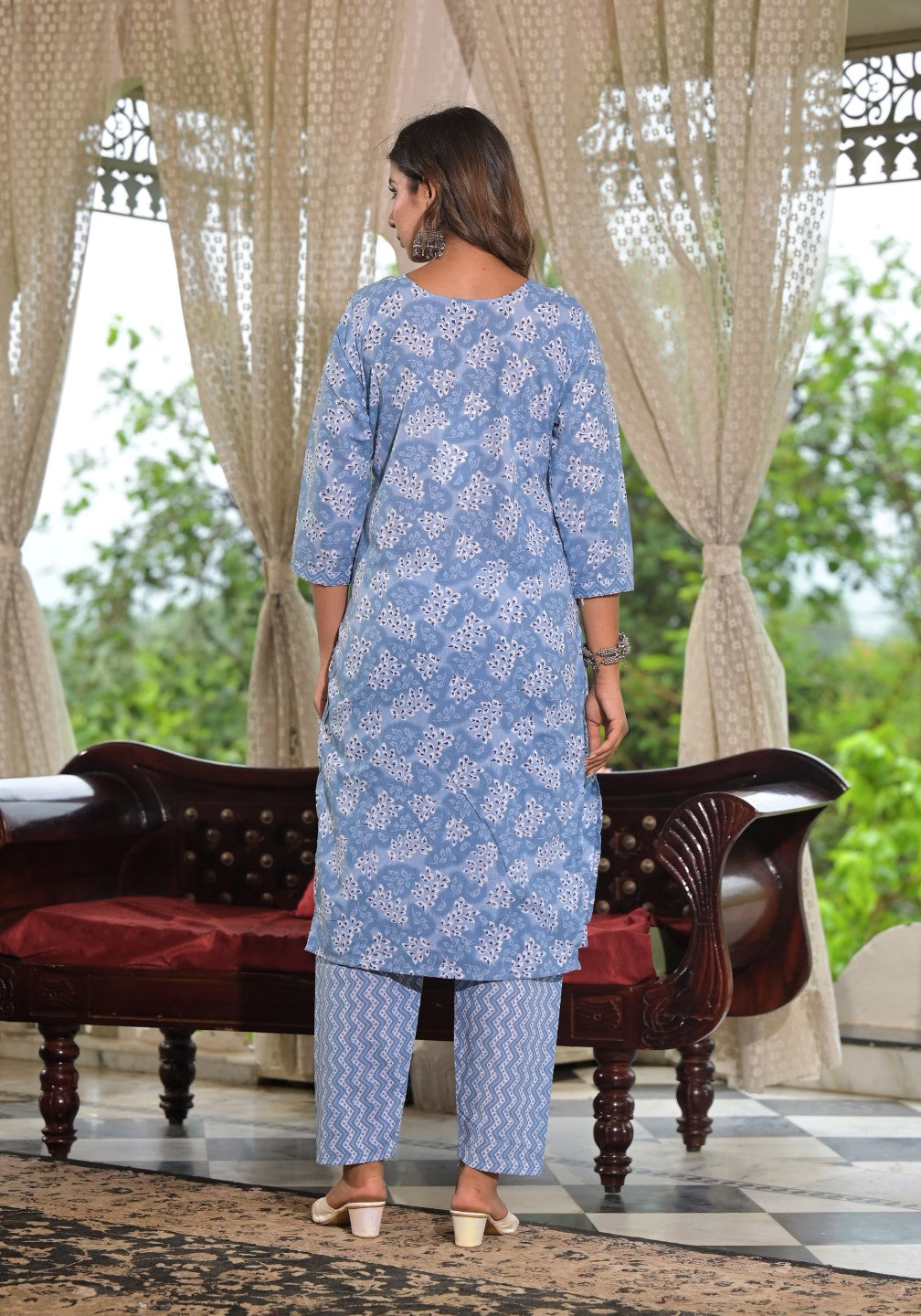 Juniper Women's Sky Blue Ethnic Motif Printed Cotton Kurta, Pant And Dupatta Set With Buttons & Lace - Swadesiicart