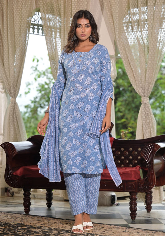 Juniper Women's Sky Blue Ethnic Motif Printed Cotton Kurta, Pant And Dupatta Set With Buttons & Lace - Swadesiicart
