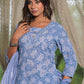 Juniper Women's Sky Blue Ethnic Motif Printed Cotton Kurta, Pant And Dupatta Set With Buttons & Lace - Swadesiicart
