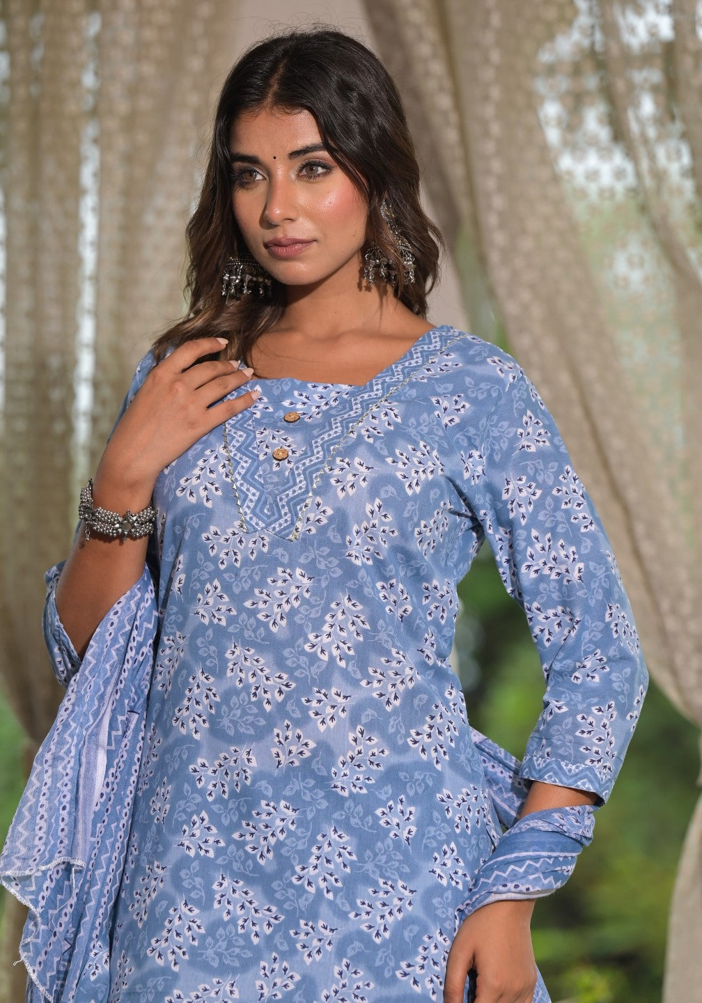 Juniper Women's Sky Blue Ethnic Motif Printed Cotton Kurta, Pant And Dupatta Set With Buttons & Lace - Swadesiicart