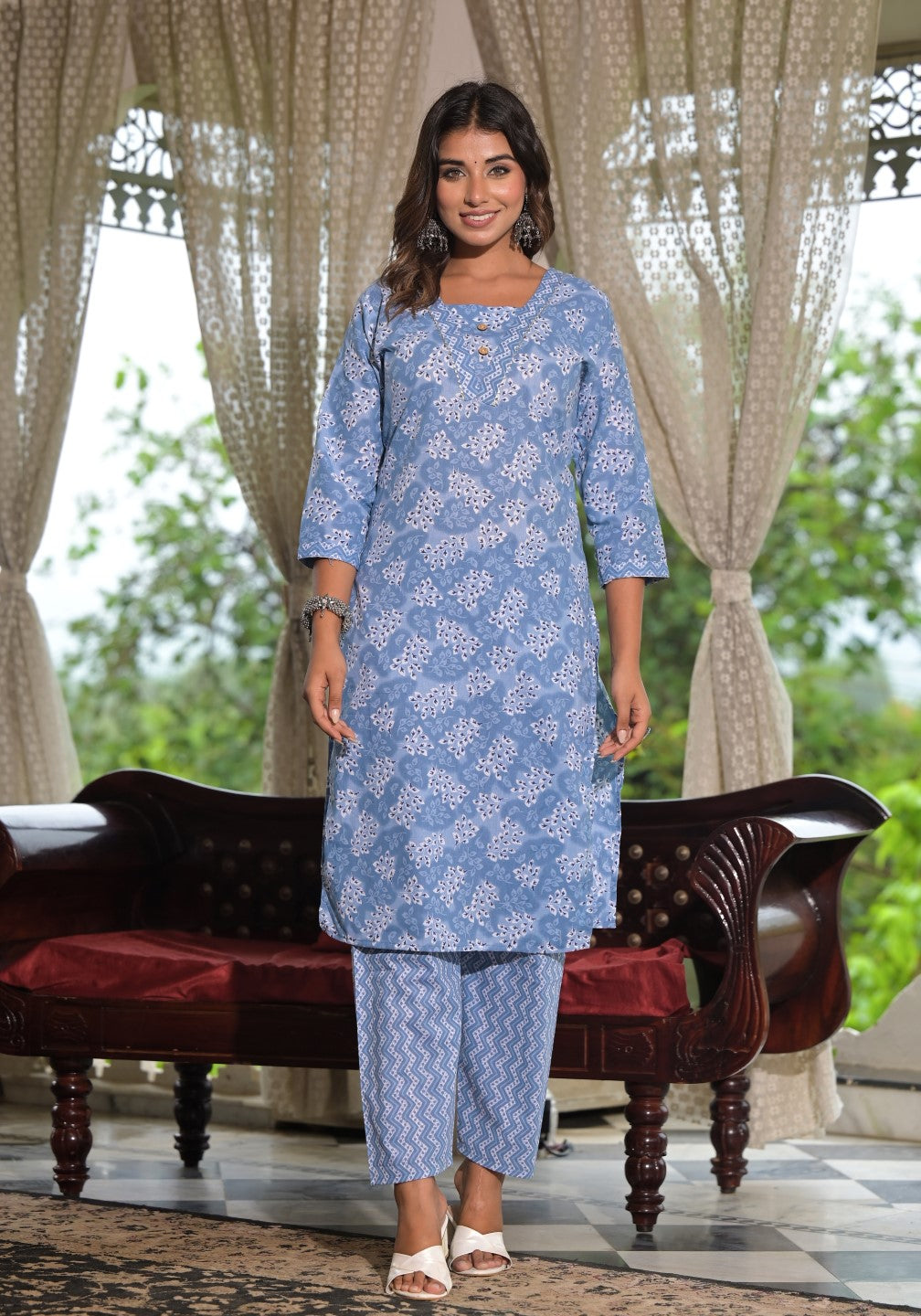 Juniper Women's Sky Blue Ethnic Motif Printed Cotton Kurta, Pant And Dupatta Set With Buttons & Lace - Swadesiicart