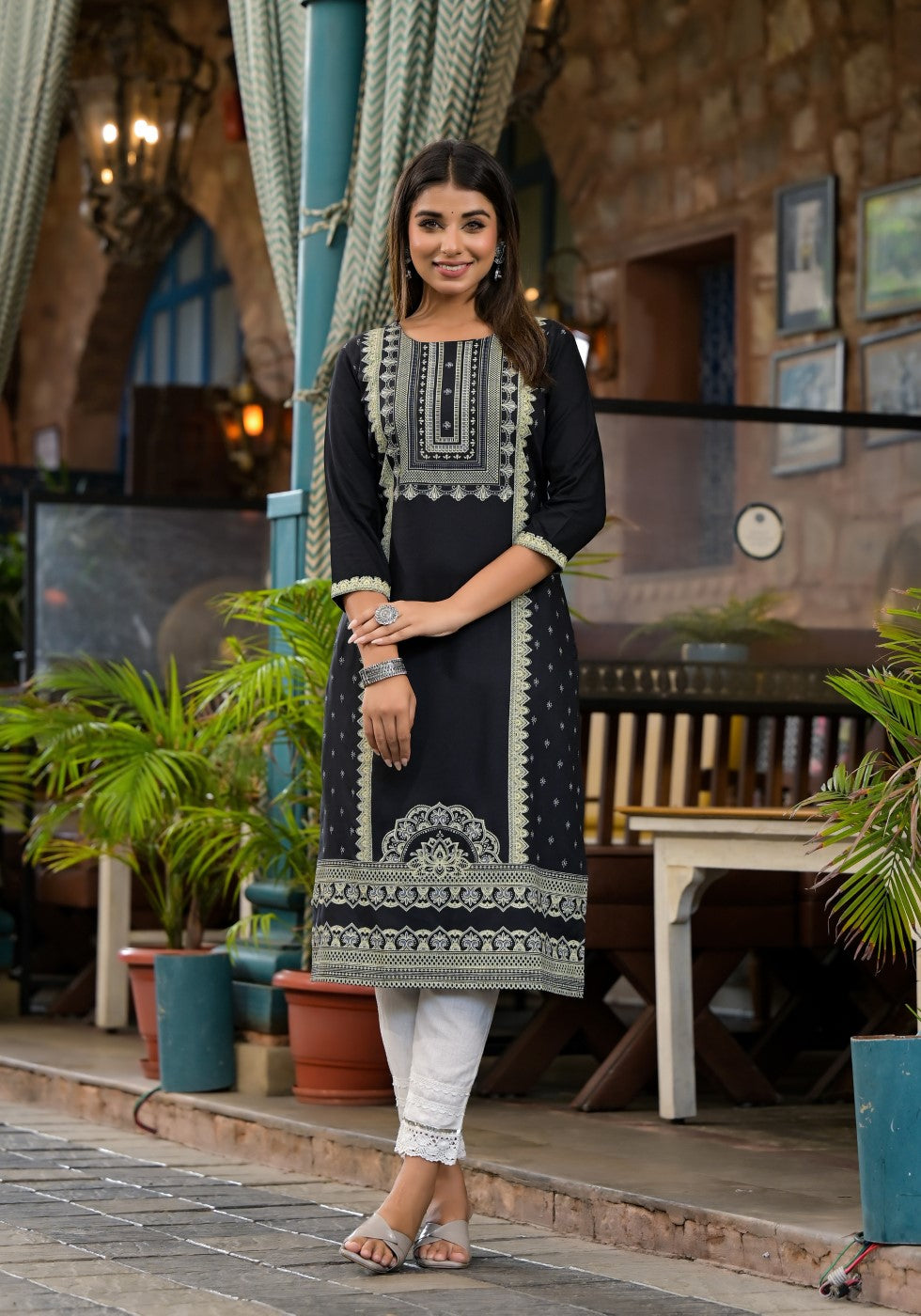 Juniper Women's Black Ethnic Motif Printed Rayon KurtaWith Straight Hemline And Buttons - Swadesiicart