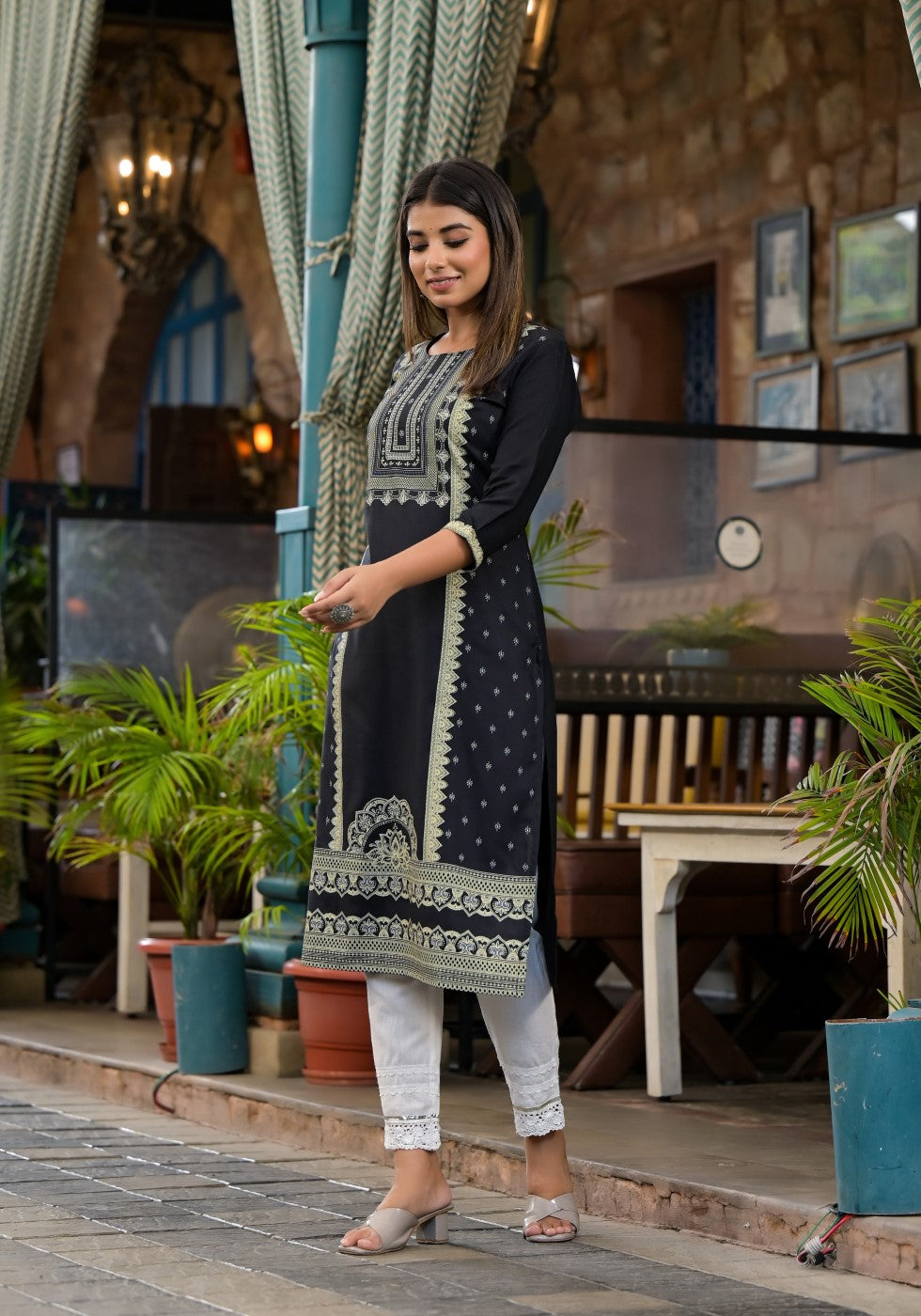 Juniper Women's Black Ethnic Motif Printed Rayon KurtaWith Straight Hemline And Buttons - Swadesiicart
