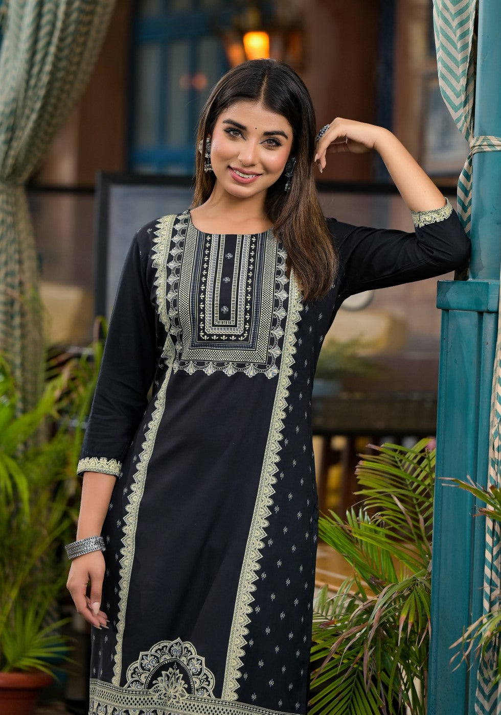 Juniper Women's Black Ethnic Motif Printed Rayon KurtaWith Straight Hemline And Buttons - Swadesiicart