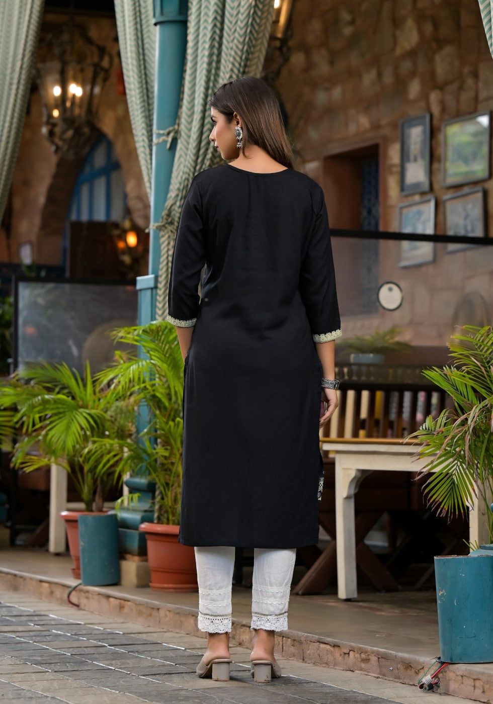 Juniper Women's Black Ethnic Motif Printed Rayon KurtaWith Straight Hemline And Buttons - Swadesiicart