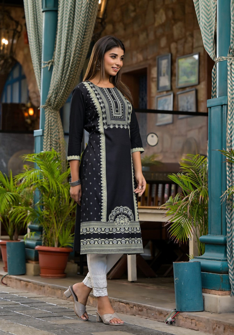 Juniper Women's Black Ethnic Motif Printed Rayon KurtaWith Straight Hemline And Buttons - Swadesiicart