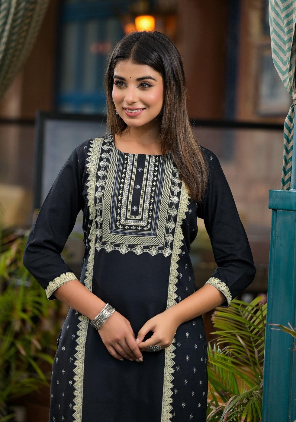 Juniper Women's Black Ethnic Motif Printed Rayon KurtaWith Straight Hemline And Buttons - Swadesiicart