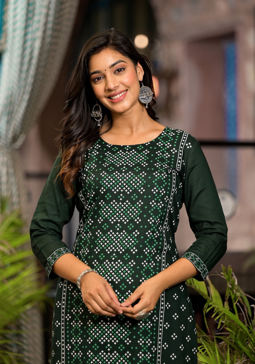 Juniper Women's Green Ethnic Motif Printed Round NeckRayon Kurta With Straight Hemline - Swadesiicart