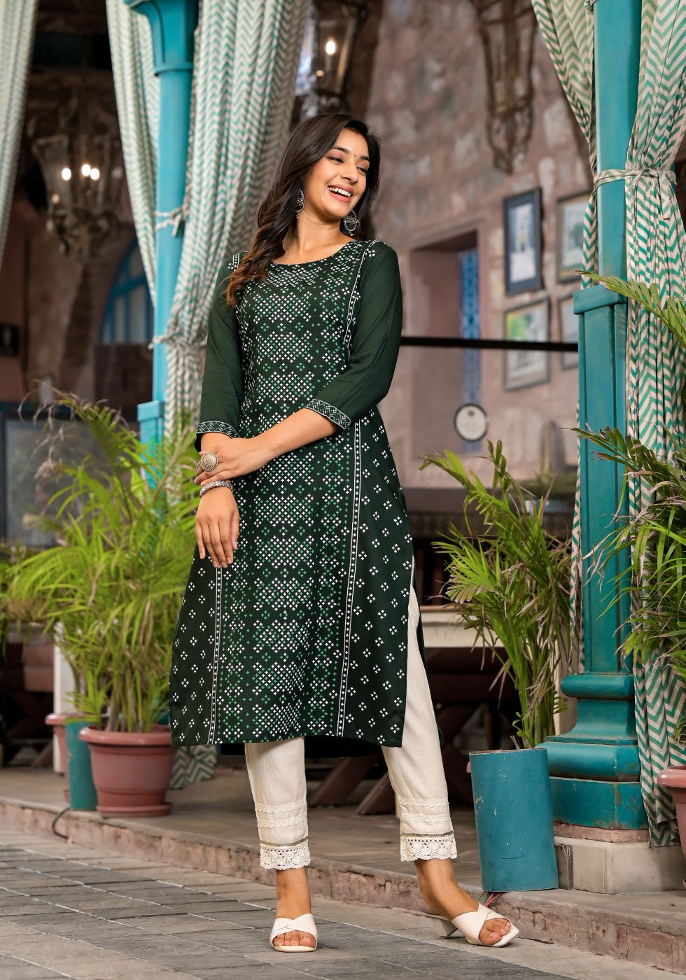 Juniper Women's Green Ethnic Motif Printed Round NeckRayon Kurta With Straight Hemline - Swadesiicart
