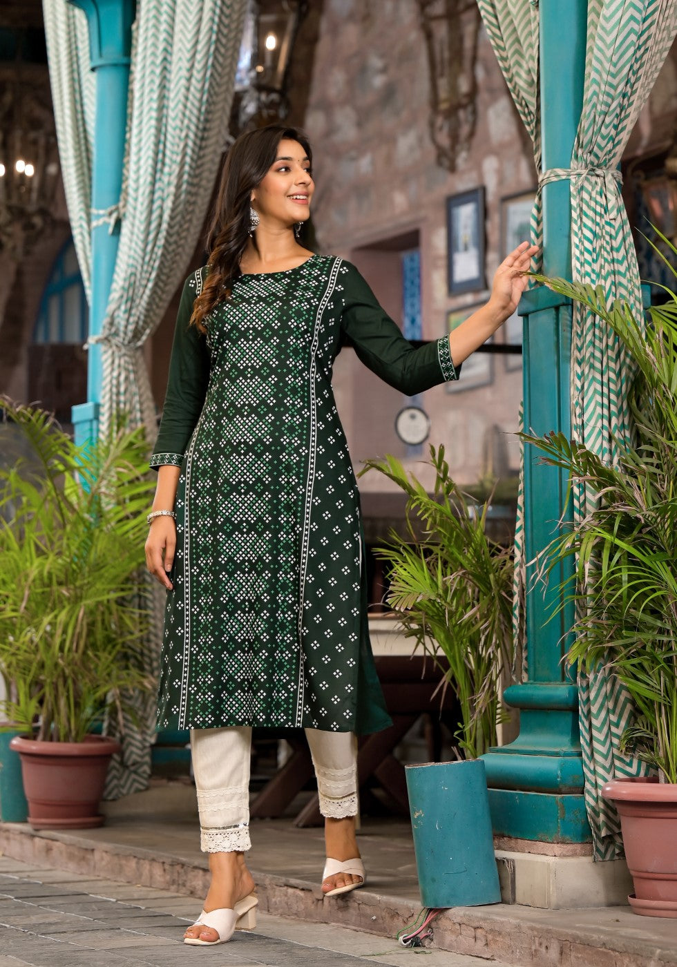 Juniper Women's Green Ethnic Motif Printed Round NeckRayon Kurta With Straight Hemline - Swadesiicart