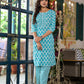 Juniper Women's Teal Ethnic Motif Printed Cotton Kurta & Pants Set With Lace - Swadesiicart