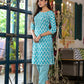 Juniper Women's Teal Ethnic Motif Printed Cotton Kurta & Pants Set With Lace - Swadesiicart