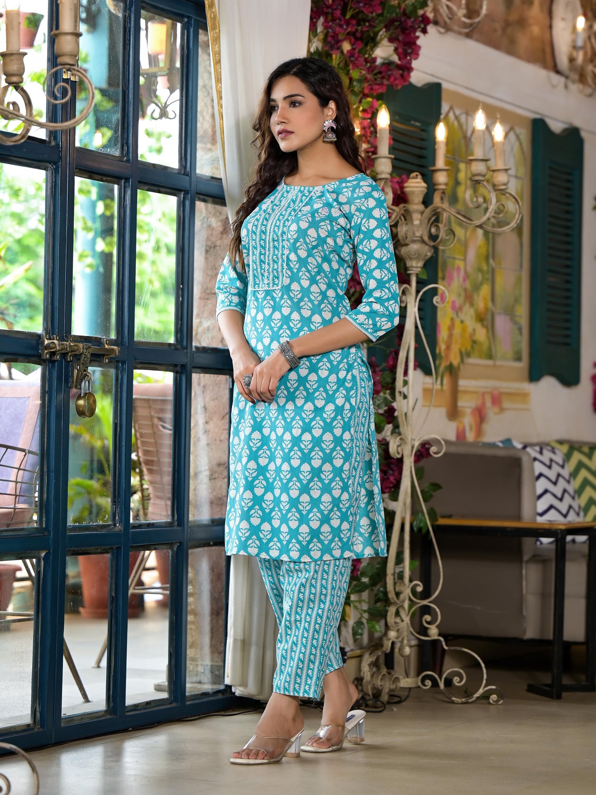 Juniper Women's Teal Ethnic Motif Printed Cotton Kurta & Pants Set With Lace - Swadesiicart