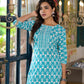 Juniper Women's Teal Ethnic Motif Printed Cotton Kurta & Pants Set With Lace - Swadesiicart