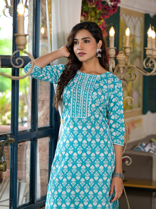 Juniper Women's Teal Ethnic Motif Printed Cotton Kurta & Pants Set With Lace - Swadesiicart