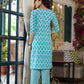 Juniper Women's Teal Ethnic Motif Printed Cotton Kurta & Pants Set With Lace - Swadesiicart
