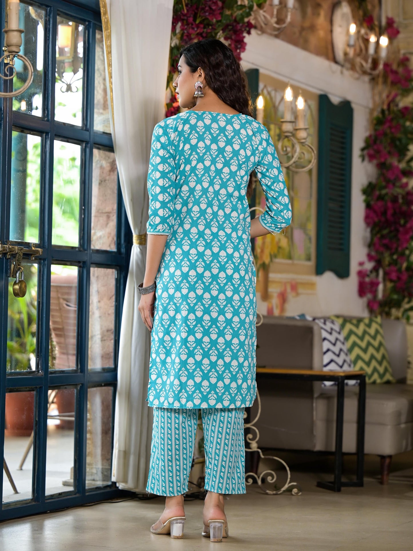 Juniper Women's Teal Ethnic Motif Printed Cotton Kurta & Pants Set With Lace - Swadesiicart