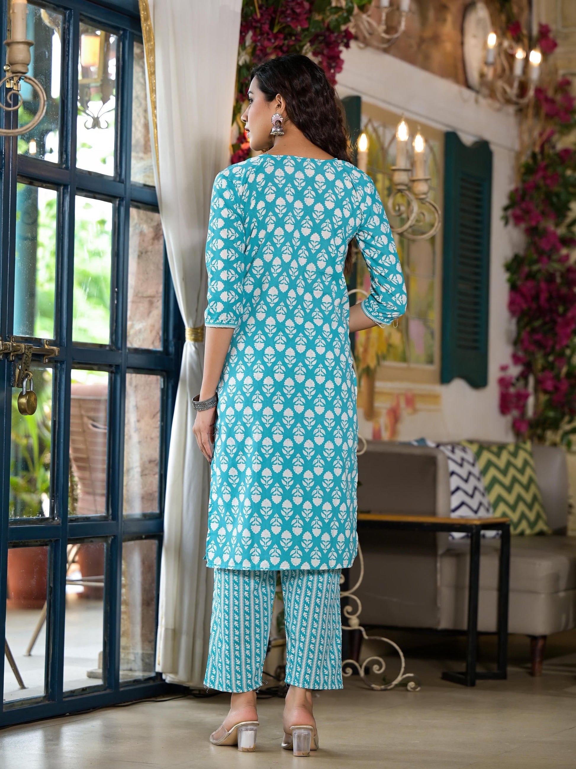 Juniper Women's Teal Ethnic Motif Printed Cotton Kurta & Pants Set With Lace - Swadesiicart