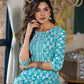 Juniper Women's Teal Ethnic Motif Printed Cotton Kurta & Pants Set With Lace - Swadesiicart