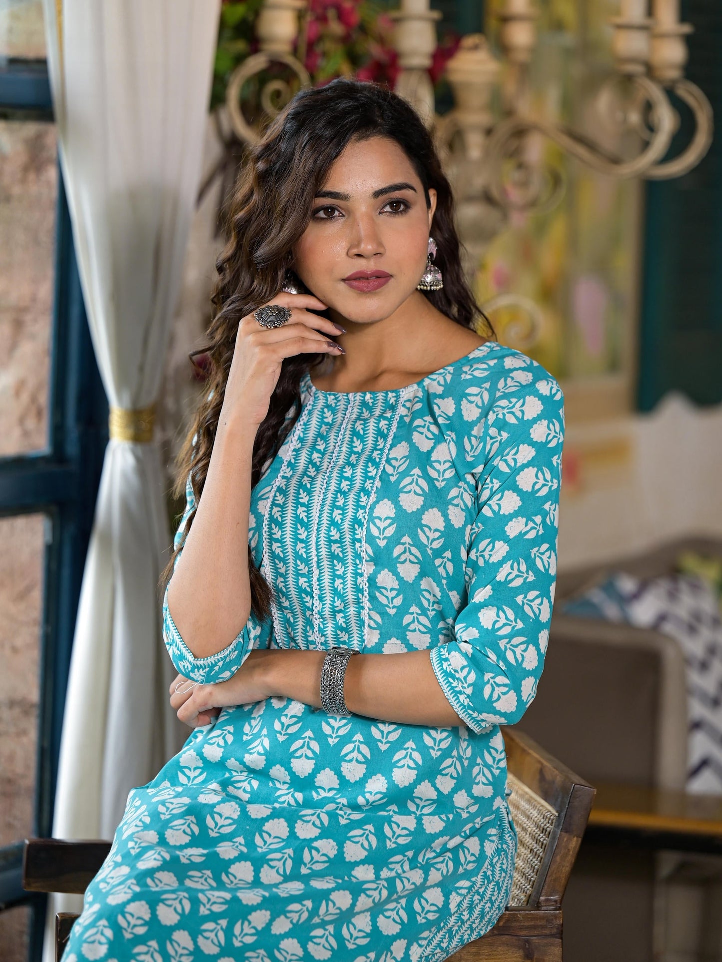 Juniper Women's Teal Ethnic Motif Printed Cotton Kurta & Pants Set With Lace - Swadesiicart