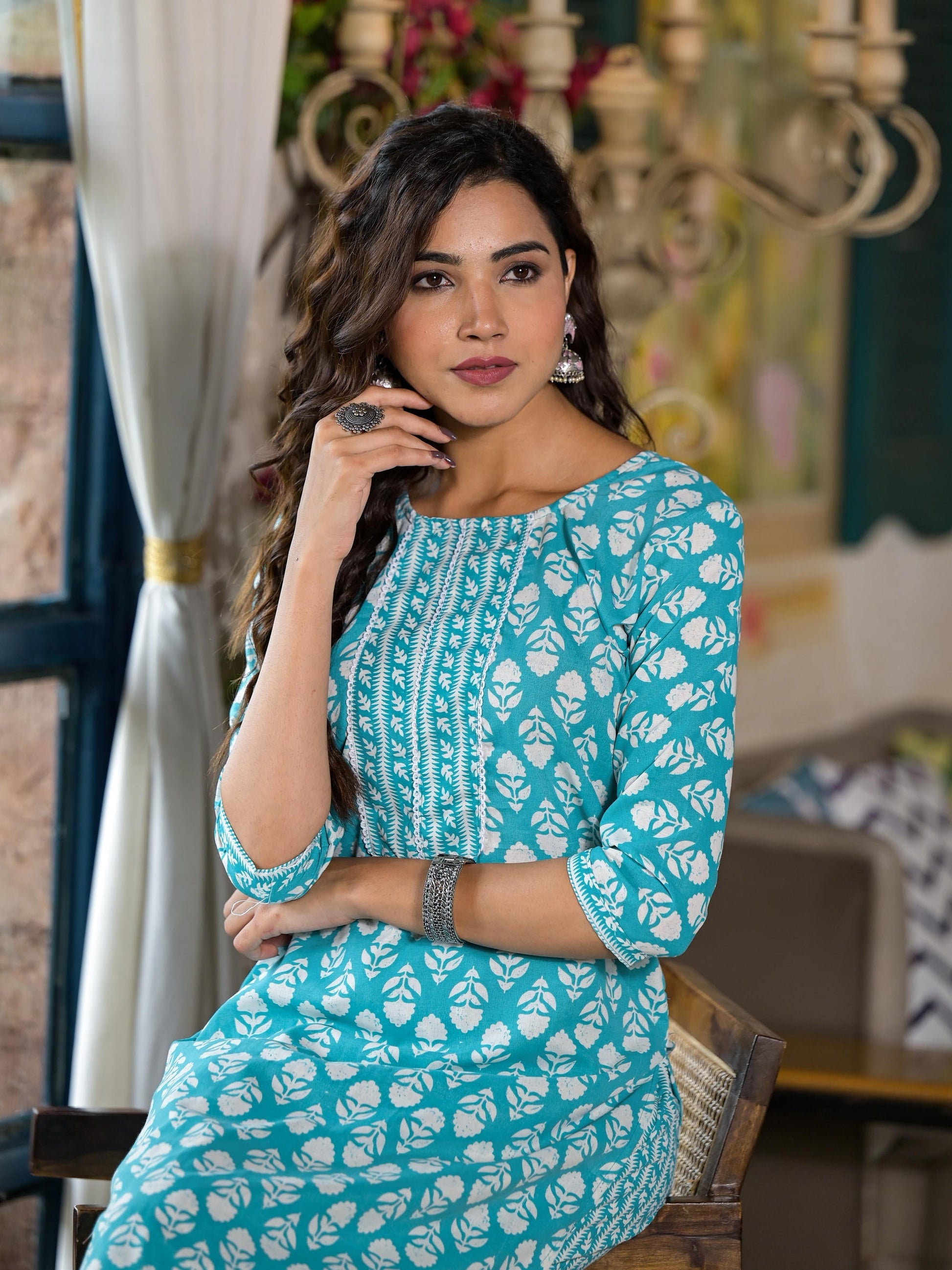 Juniper Women's Teal Ethnic Motif Printed Cotton Kurta & Pants Set With Lace - Swadesiicart
