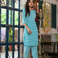 Juniper Women's Teal Ethnic Motif Printed Cotton Kurta & Pants Set With Lace - Swadesiicart