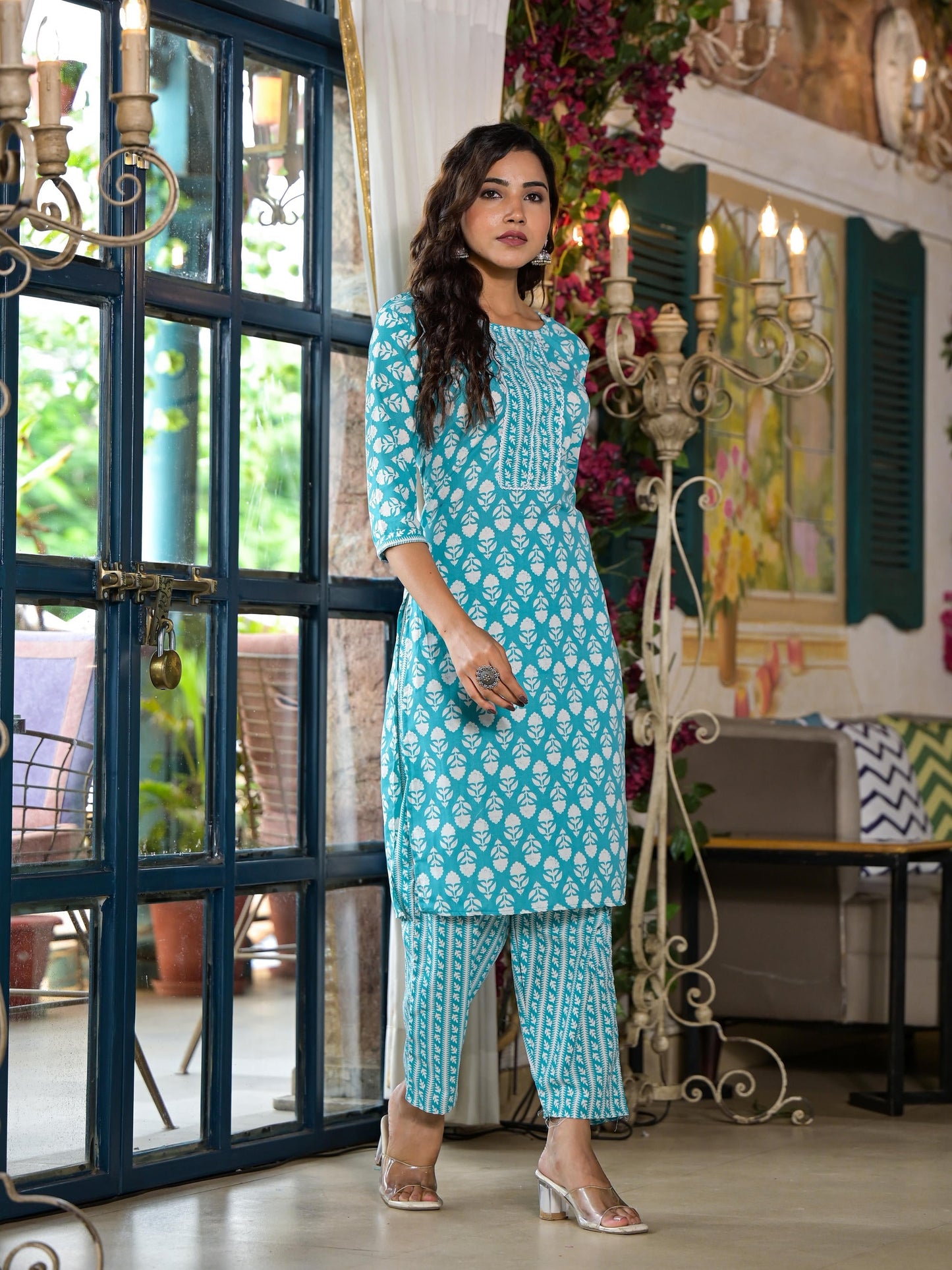 Juniper Women's Teal Ethnic Motif Printed Cotton Kurta & Pants Set With Lace - Swadesiicart