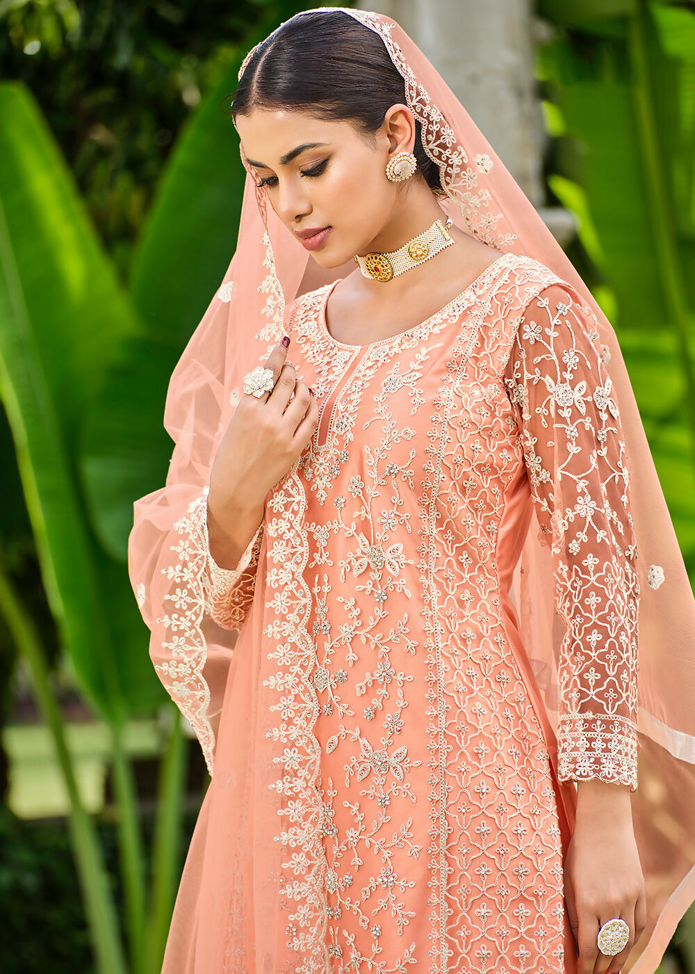 Pretty Peach Stone & Cording Work Festive Palazzo Suit - Emponline | Swadesiicart