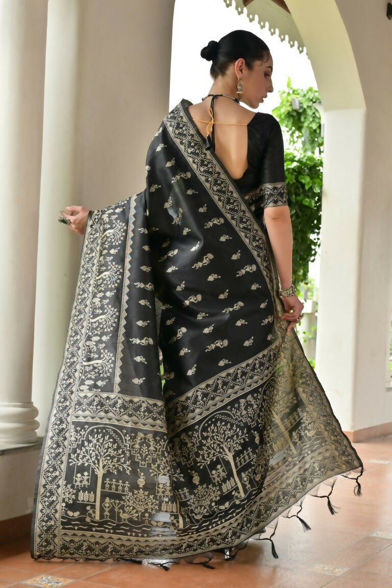Vishnu Weaves Women's Black Handloom Raw Silk Thread Weaving Saree with Blouse - Swadesiicart