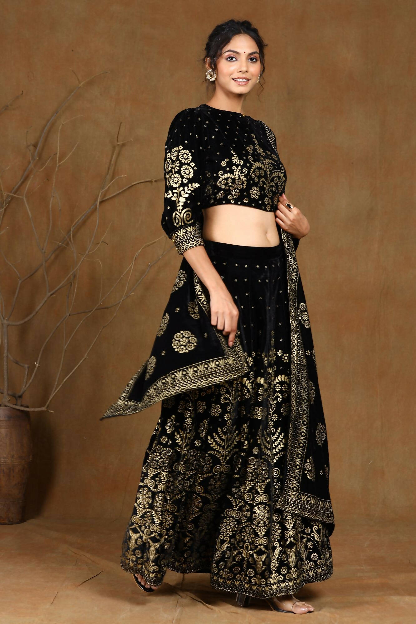Juniper Women Black Velvet Printed Flared Lehenga Choli Sets | Swadesiicart