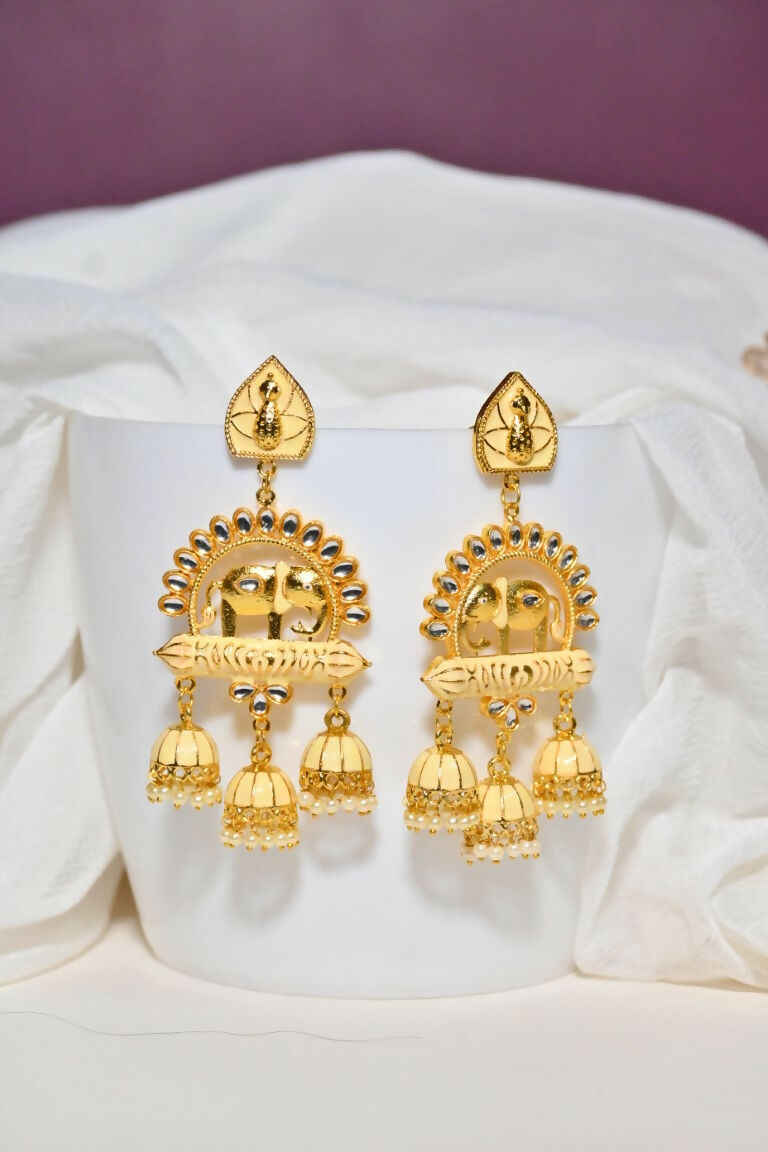 Beige Traditional Gold-Polished Elephant Design Kundan Jhumka Jhumki Earrings Indian Jewellery For Women & Girls By House of Ree - Swadesiicart
