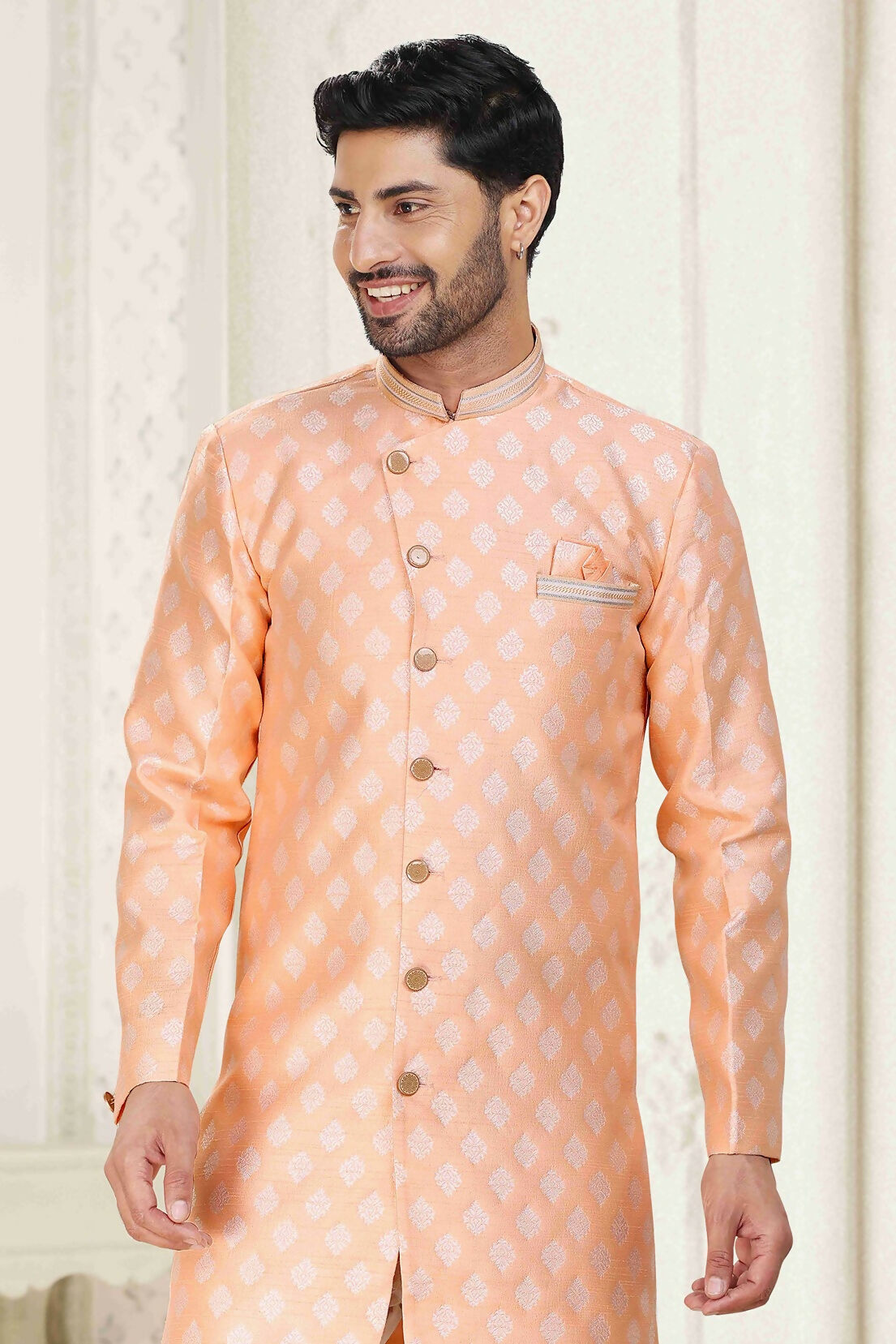 Raivat Ethnic Banarasi Jacquard Embroidery Semi Indo Western Sherwani In Peach Colour | Swadesiicart