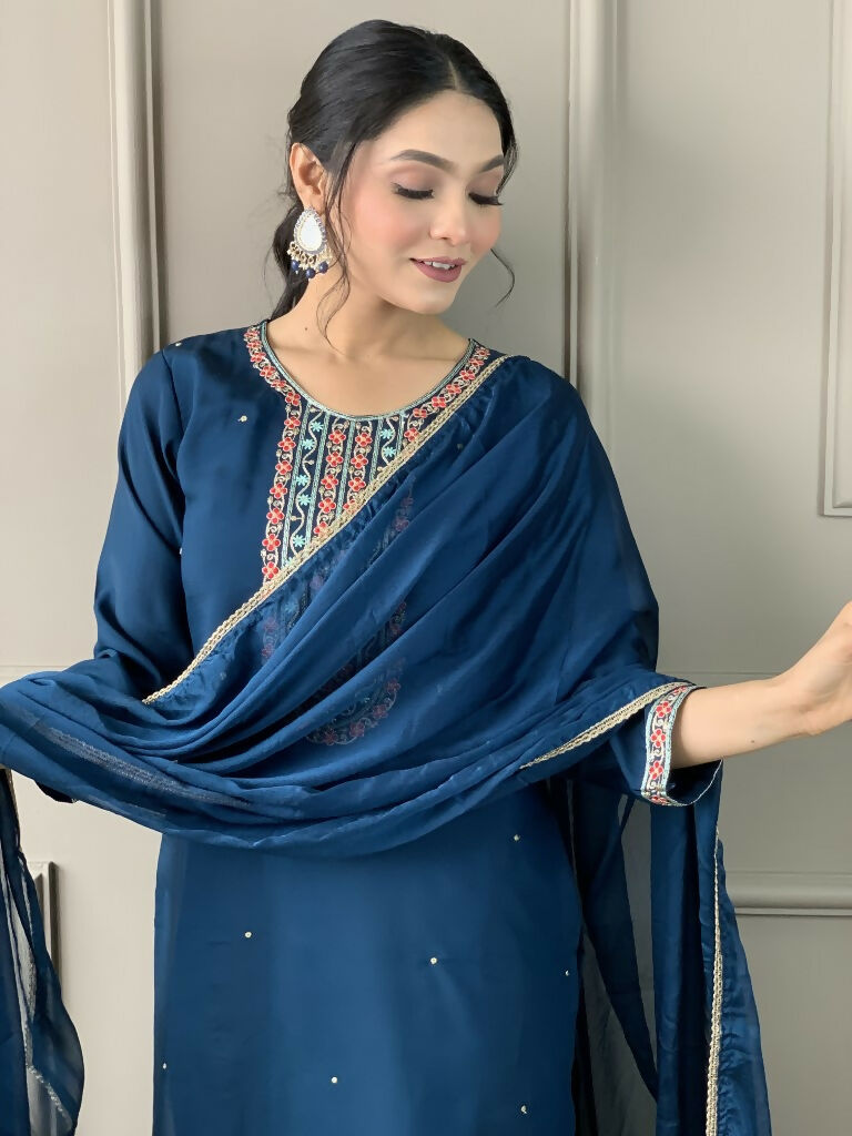 Blue Viscose Chanderi Stitched Suit With Dupatta - Tanisha | Swadesiicart
