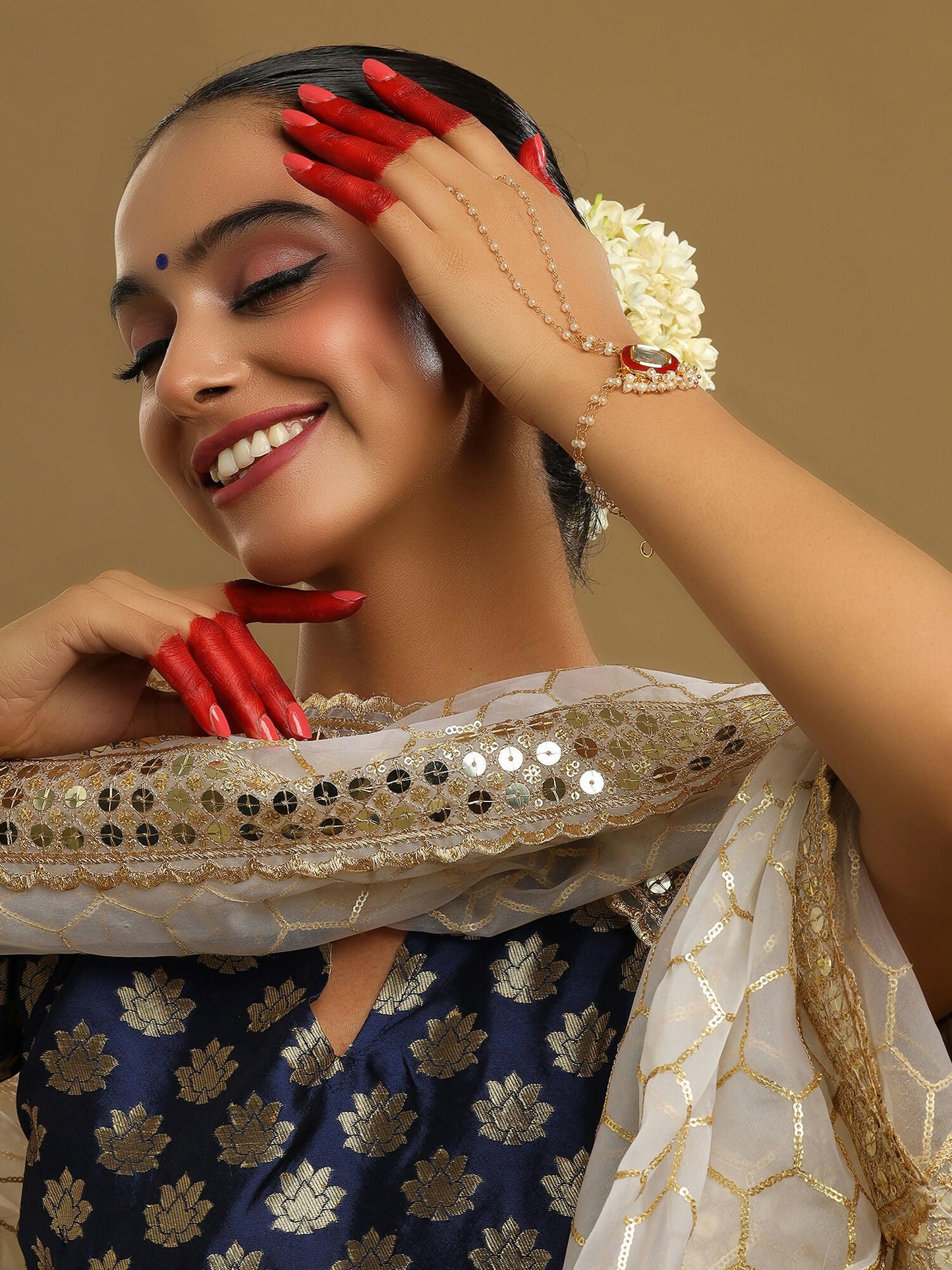 Ruby Raang Gold Red Meenakari Kundan Haath Phool | Swadesiicart