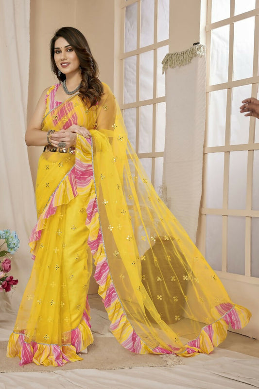 Partywear Designer Yellow Net Fancy Saree - Dyuti | Swadesiicart