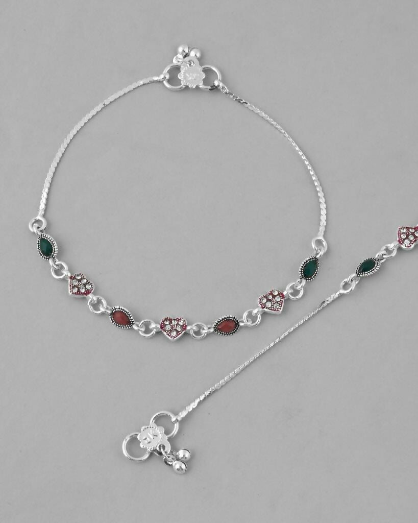 VOJ Set of 2 Silver Plated Heart Shaped Multi Color Anklet - Swadesiicart