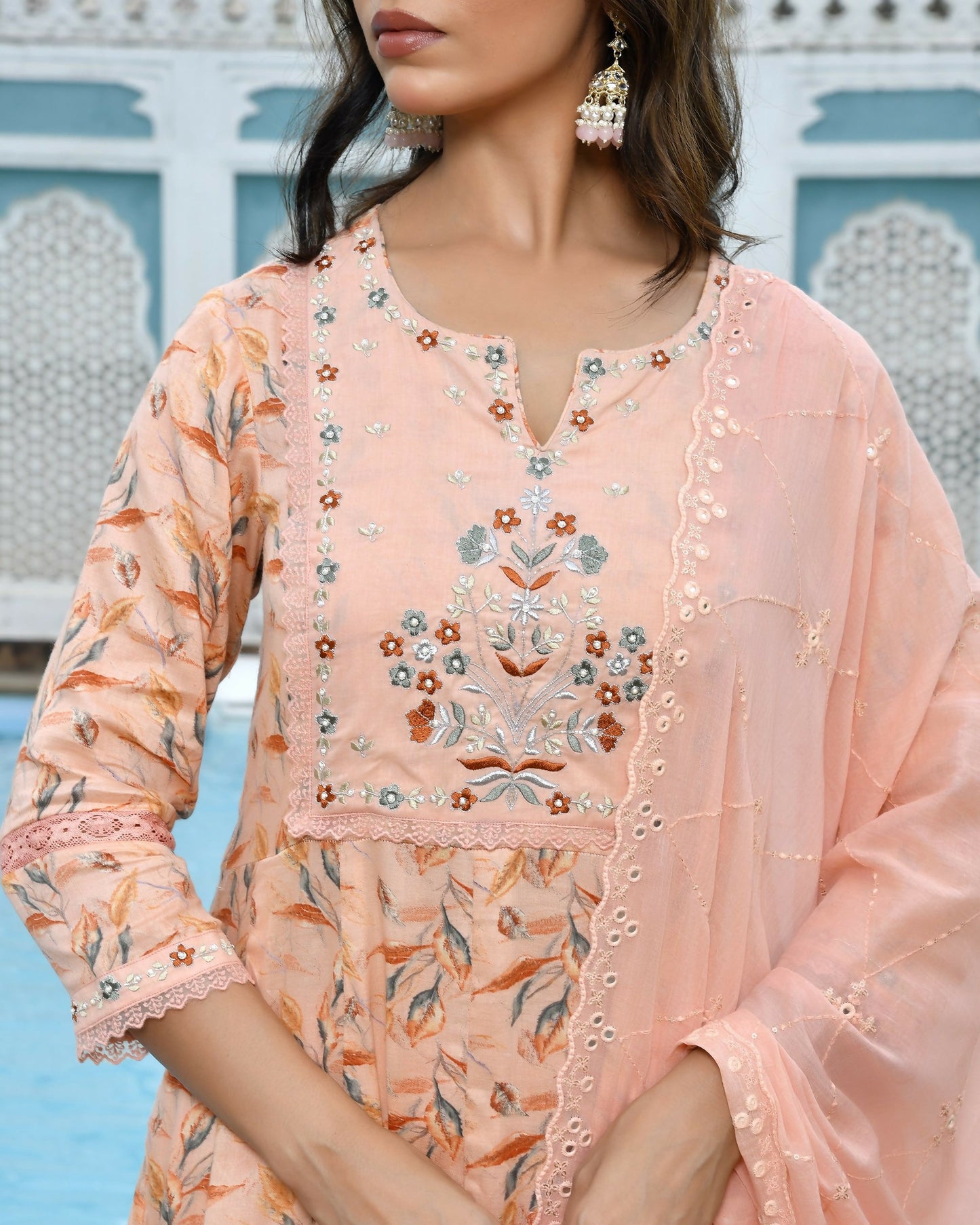 Vaasva Women's Peach Cotton Anarkali Set With Solid Pant And Embroidered Dupatta | Swadesiicart