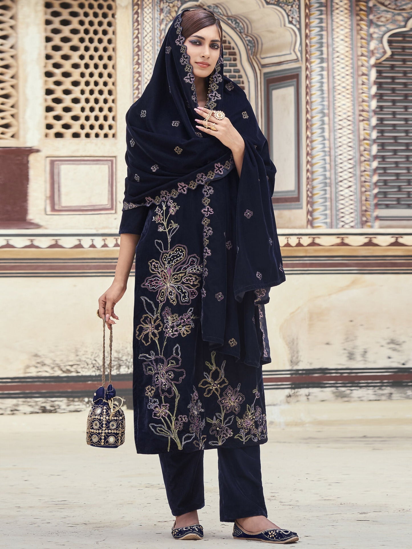 Jyoti Fashion Women's Navy Blue Velvet Resham Thread with Jari & Sequin Kurta with Trouser & Dupatta | Swadesiicart