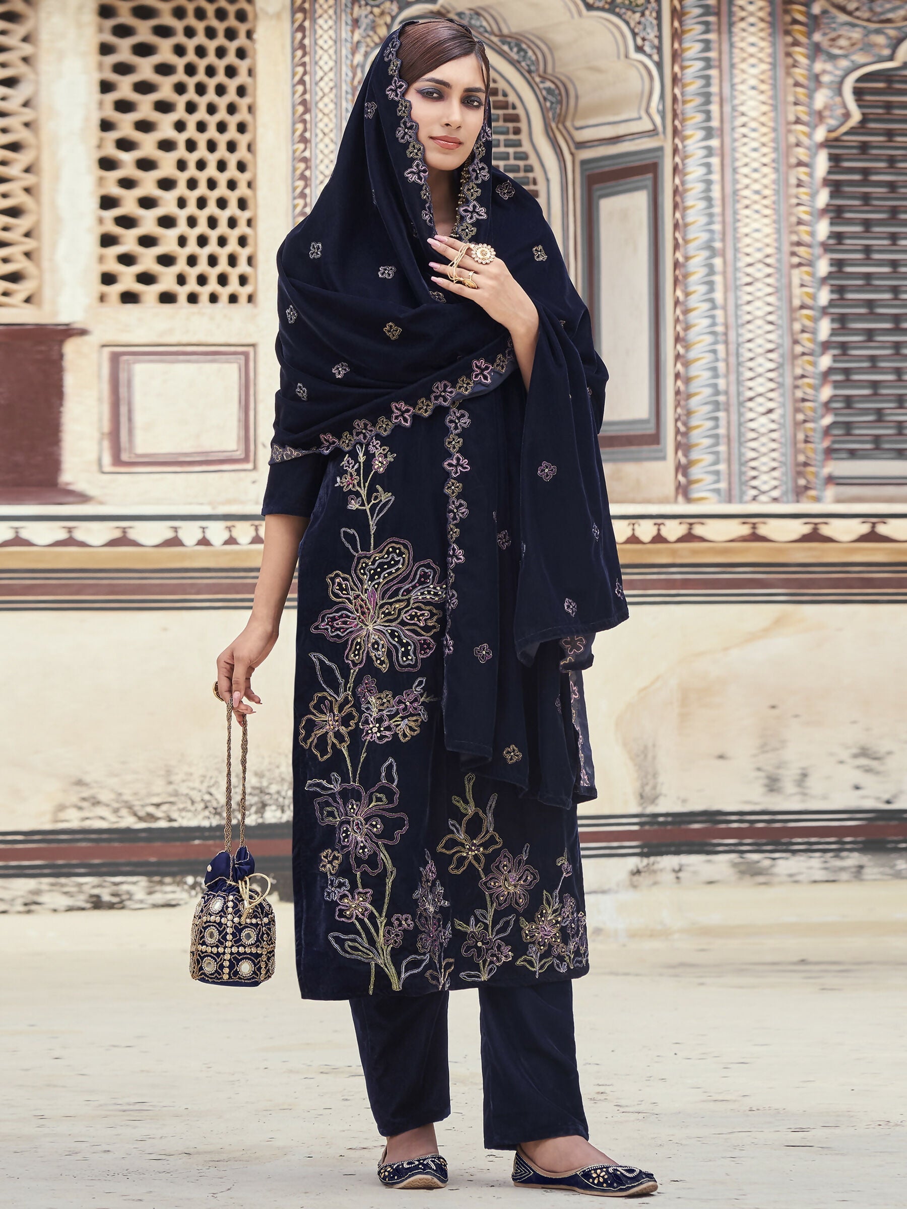 Jyoti Fashion Women's Navy Blue Velvet Resham Thread with Jari & Sequin Kurta with Trouser & Dupatta | Swadesiicart