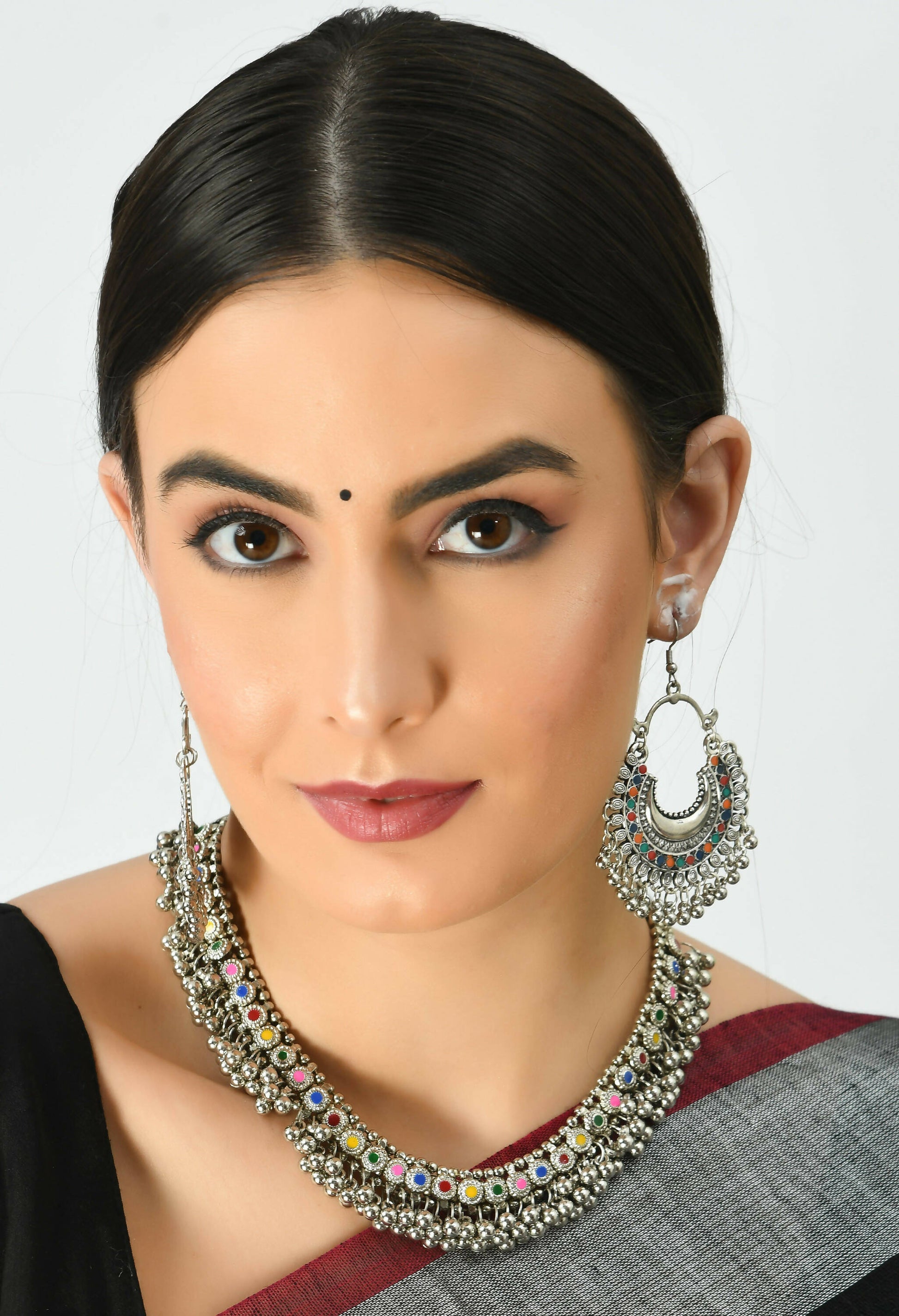 Mominos Fashion Johar Kamal Oxidised Silver-Plated Meena Work Choker Set | Swadesiicart
