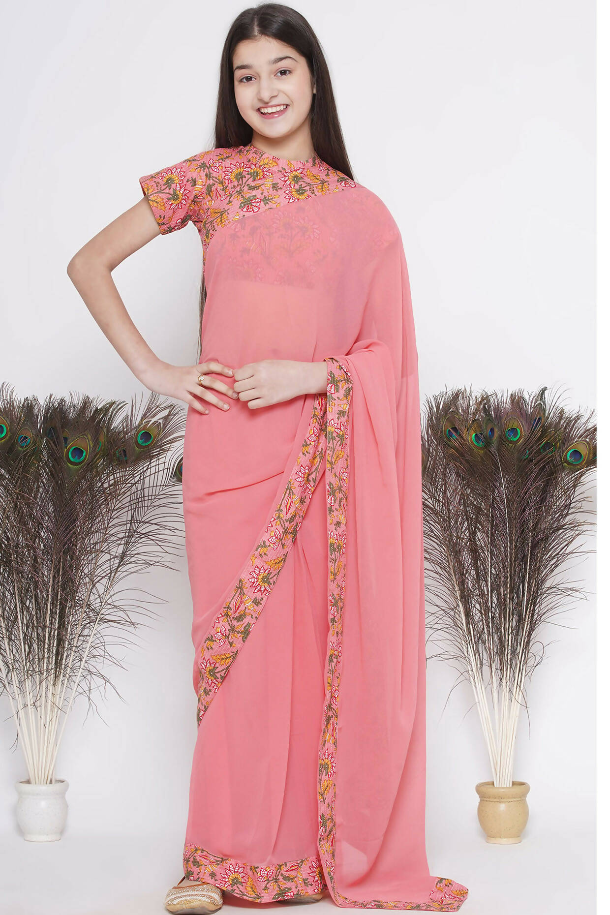 Little Bansi Floral Print Ready To Wear Saree And Floral Blouse - Coral | Swadesiicart