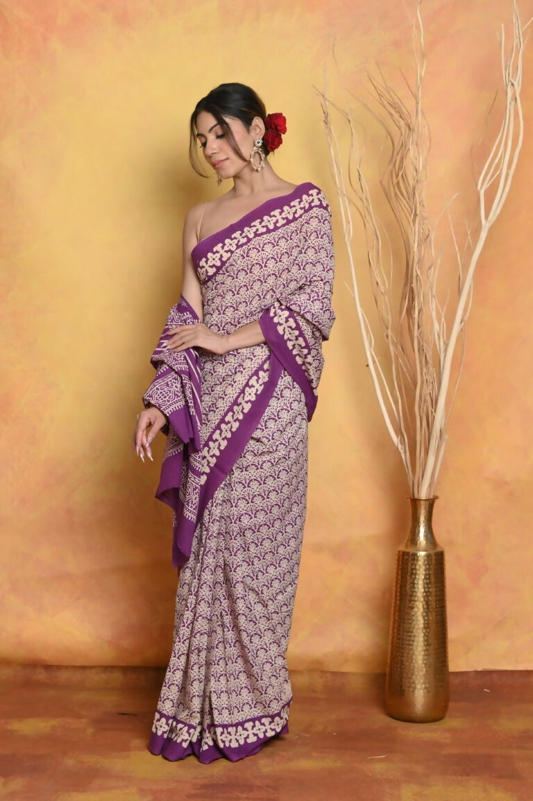 Very Much Indian Handblock Printed Cotton Saree With Natural Dyes - White | Swadesiicart