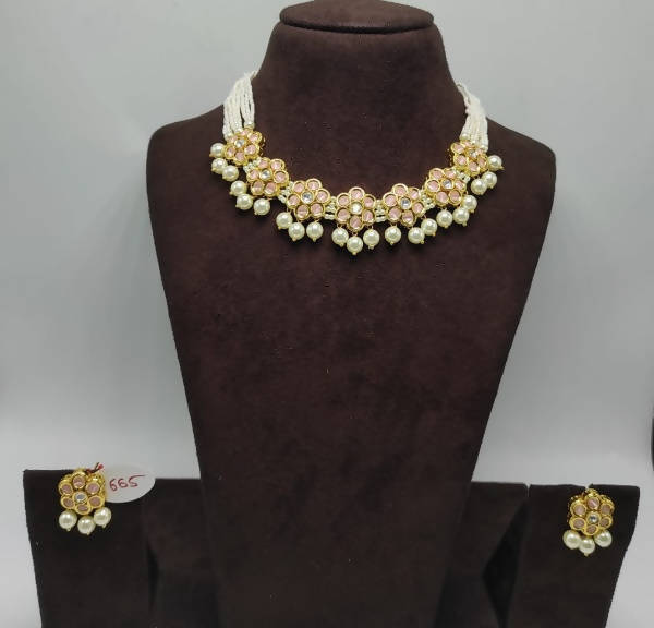 Khavi Arts Enamel Studded Pearl Choker-Peach | Swadesiicart