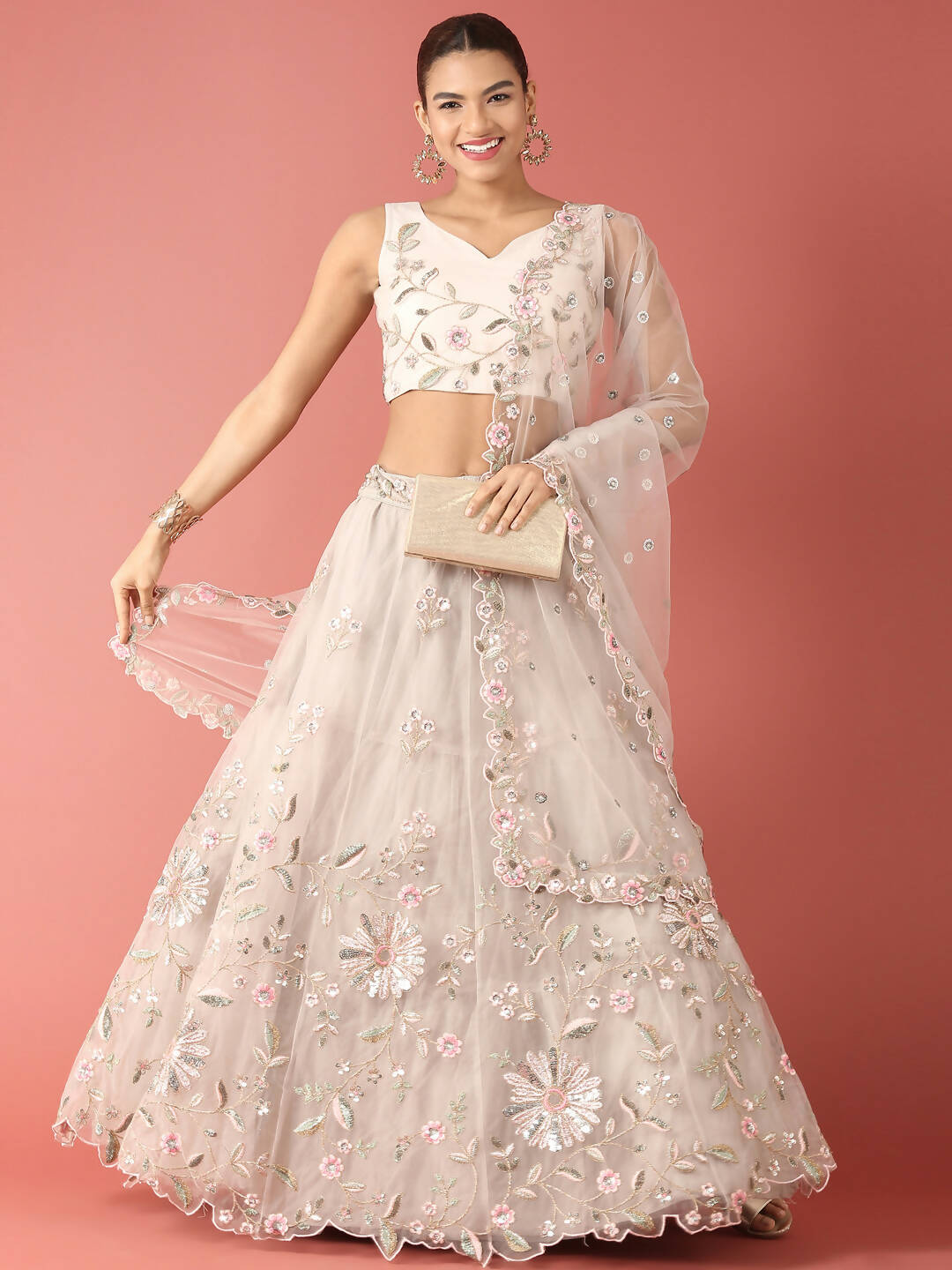 House of Panchhi Grey Net Sequinse Work Lehenga & Blouse, Dupatta | Swadesiicart