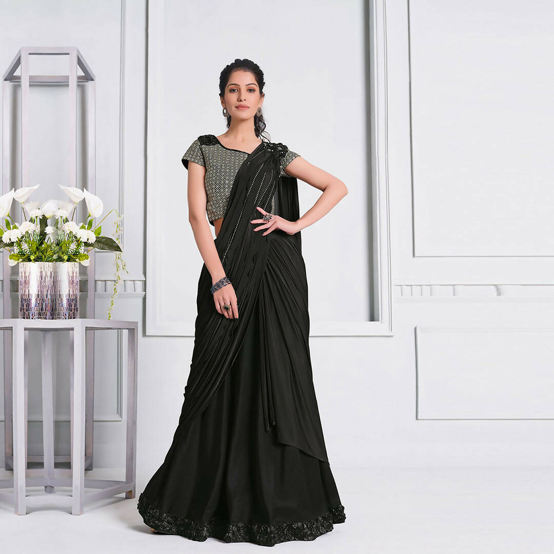 Black Lycra Cord And Sequins Embriodery Saree - Mohmanthan Izzara