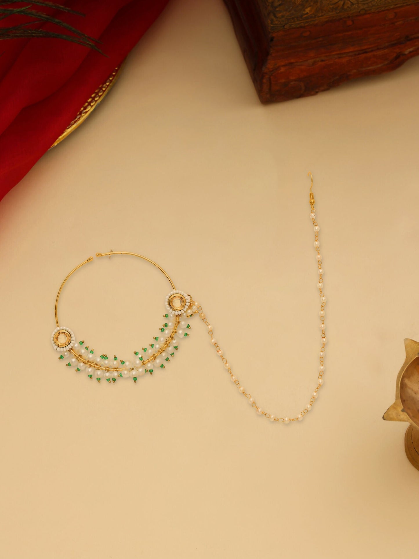 Ruby Raang 22k Gold Polished Kundan Maharani Nose Ring (Clip On) | Swadesiicart