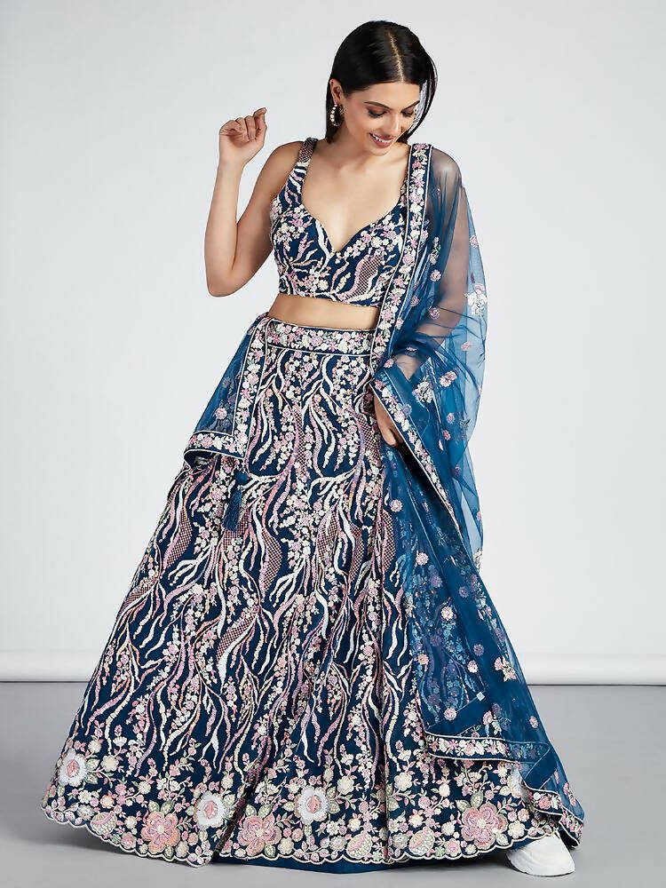 House of Panchhi Navy Blue Net Sequins And Thread Embroidery Lehenga Choli & Dupatta | Swadesiicart
