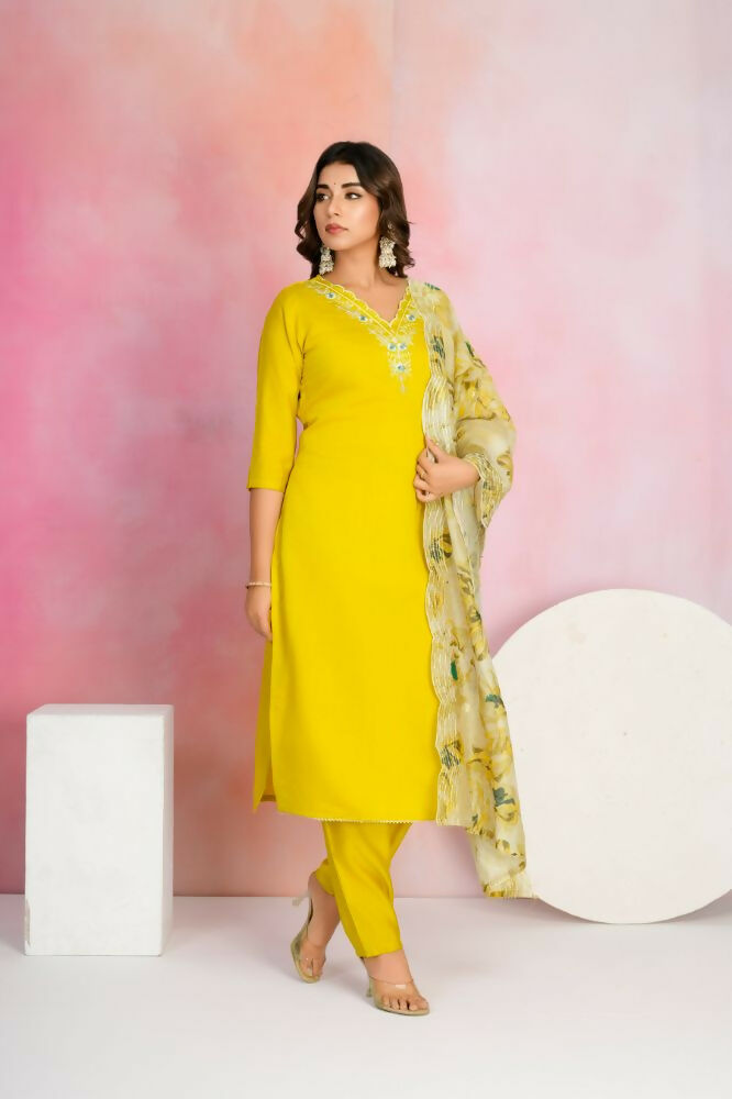 Ethnic Festive Wear Viscose Chanderi Yellow Stitched Suit With Dupatta - Tanisha | Swadesiicart
